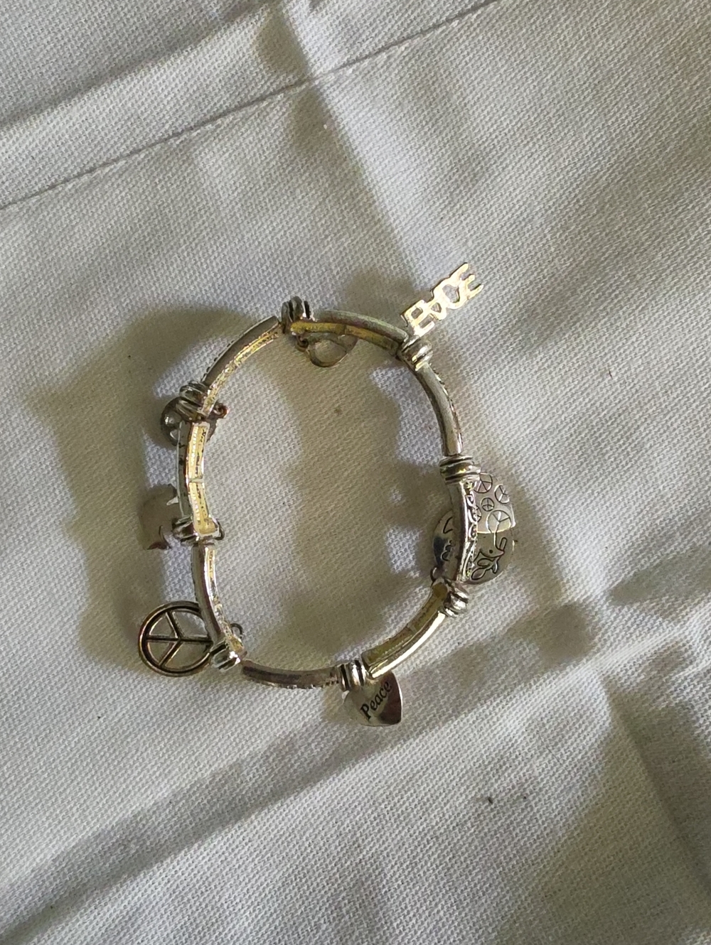 Silver-Tone Boho Peace & Love Charm Stretch Bracelet | Dove & Heart Details